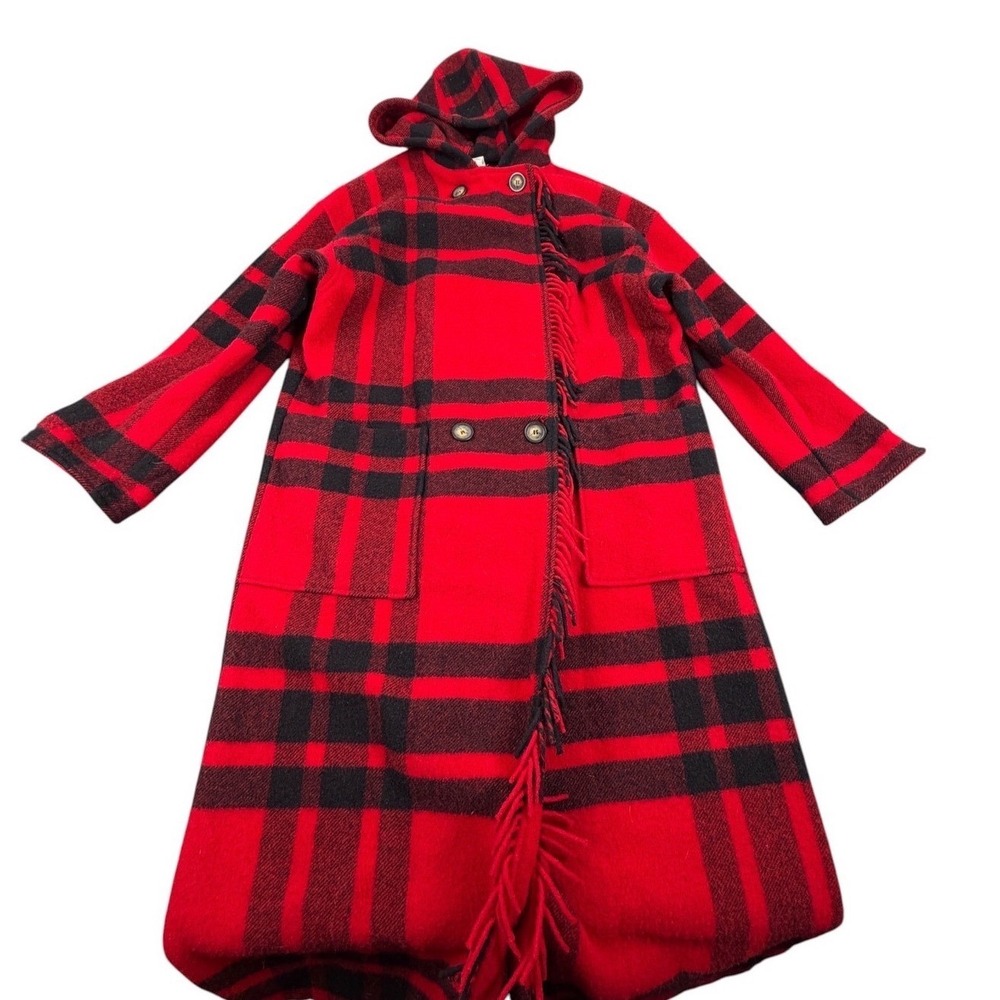 LL Bean 80s Womens Blanket Coat Red Black Plaid Wool Fringe Long USA Made Size L